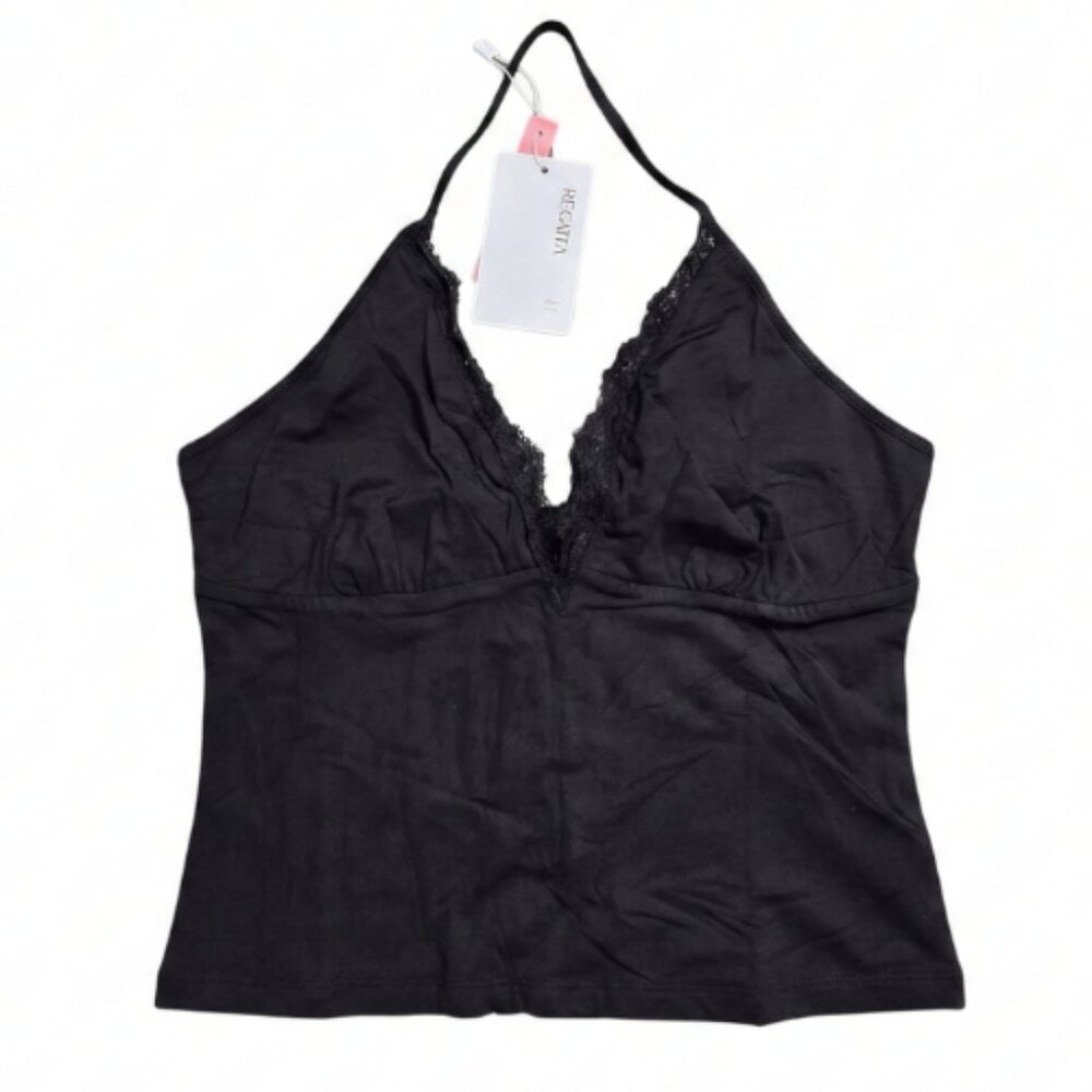 NWT | REORIA Black Halter Tank Top | Lace V-Neck Detail | Backless | Small